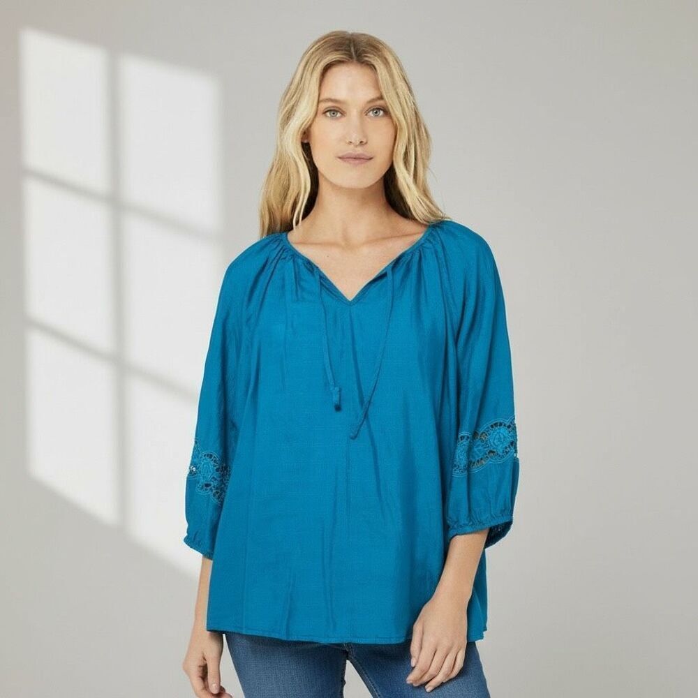 Chico’s Teal Textured Tunic Blouse Size 2 Large 3/4‎ Sleeve Crochet Trim Top